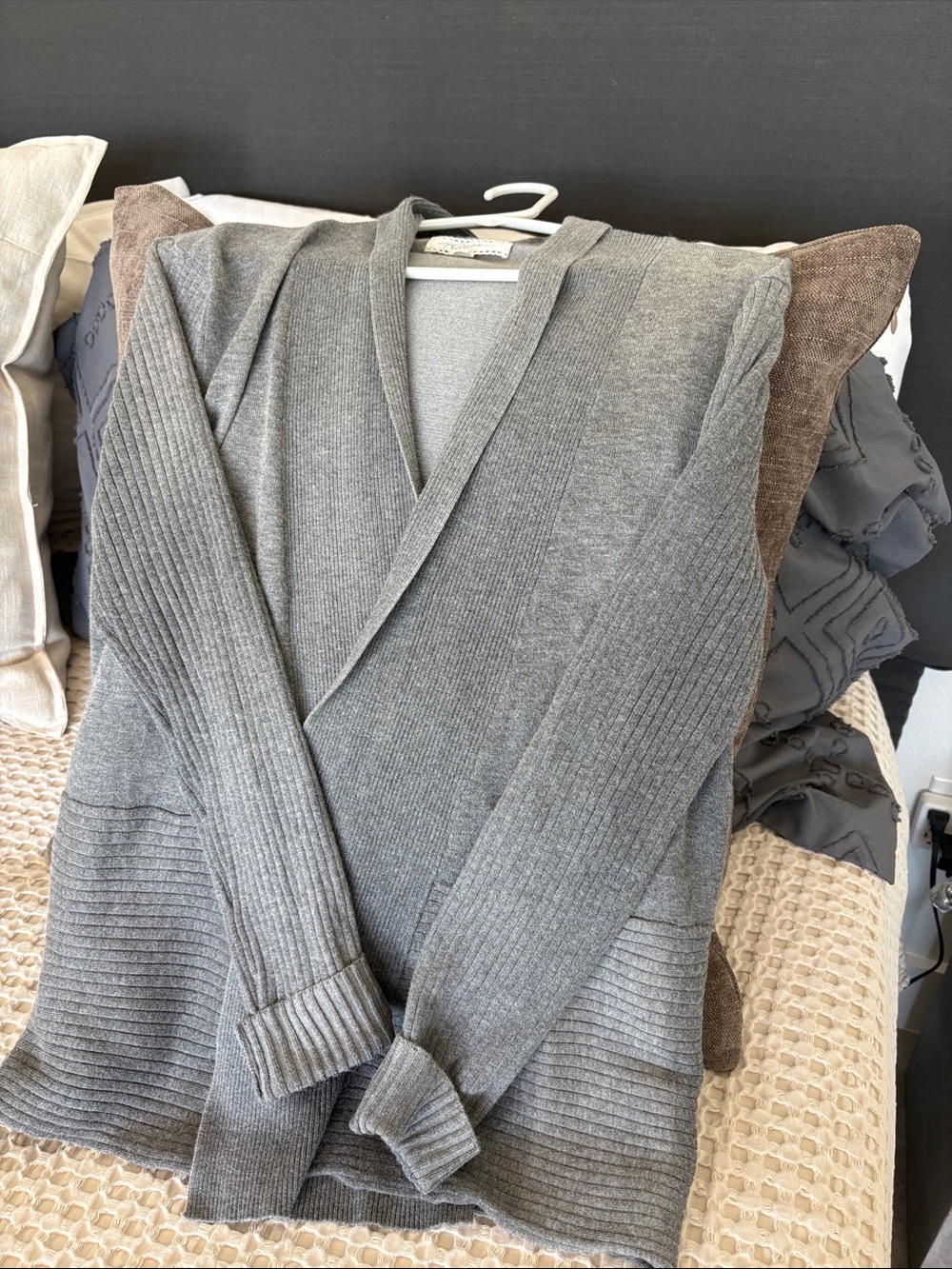 Gray Ribbed Open-Front Women's Sweater Cardigan